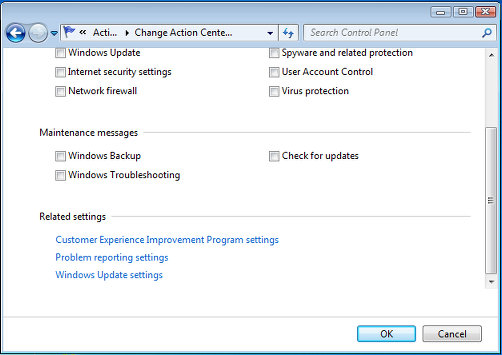Windows Action Center settings