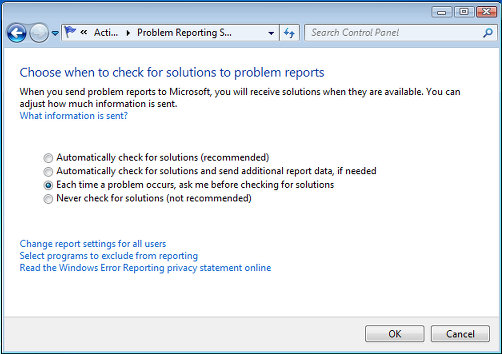 Action Center problem reporting options