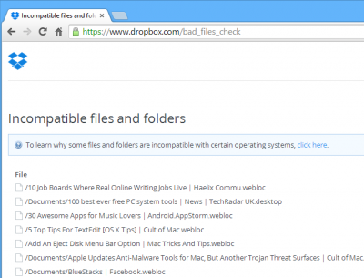 Show bad files in Dropbox