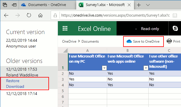 View previous versions of documents on OneDrive