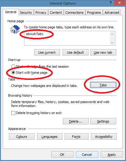 Internet Options in Internet Explorer