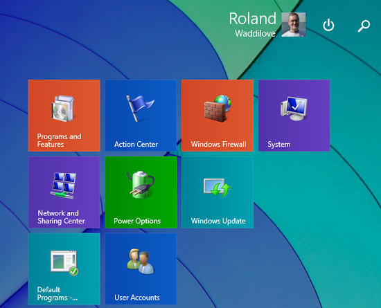 Control Panel on the Start screen