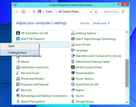 Control Panel shortcuts