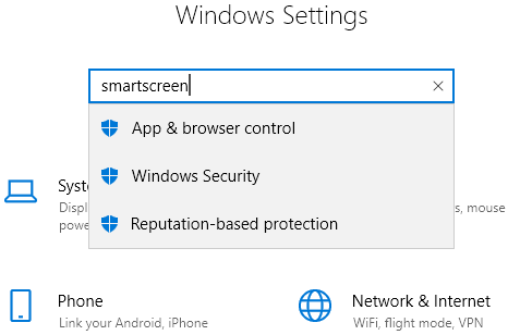 Windows Settings app search feature