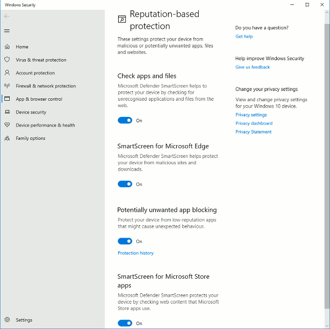 Windows Security settings in Windows 10