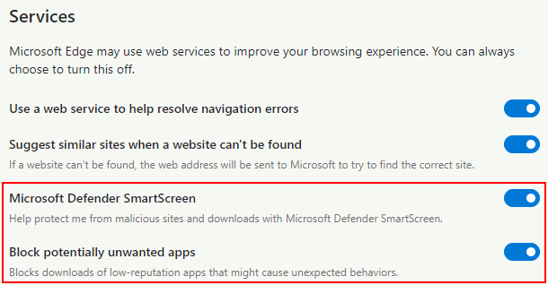 Edge browser security settings in Windows