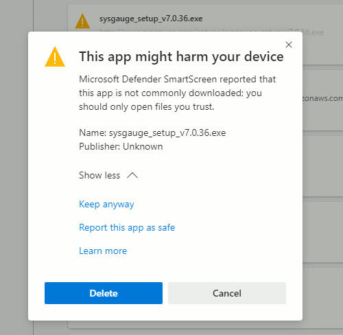 Windows SmartScreen protecting a file download in Edge Browser