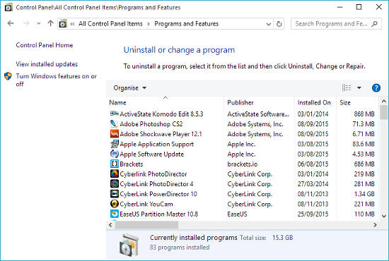 Programs and features