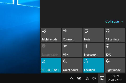 Action Centre in Windows 10