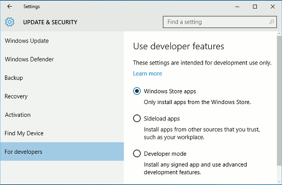 Windows 10 developer mode