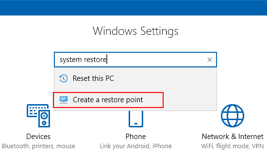 Search Windows Settings for System Restore