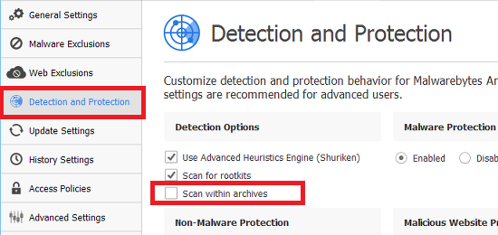 Configure the detection and scanning options in Malwarebytes Anti-Malware