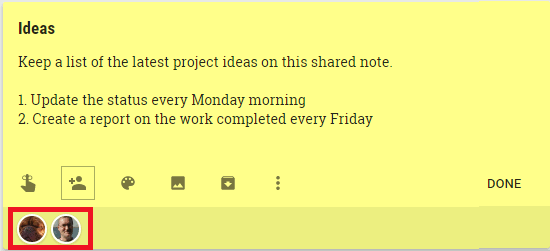 The people that are sharing a Google Keep note are shown at the bottom of the note