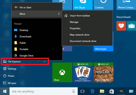 Right click items on the Start menu in Windows for options