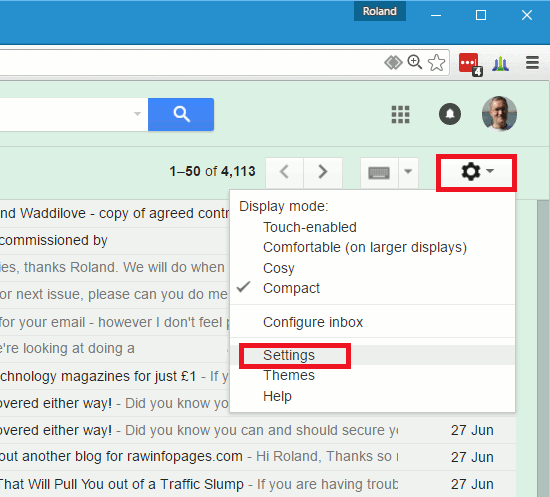 Access Gmail settings in Chrome