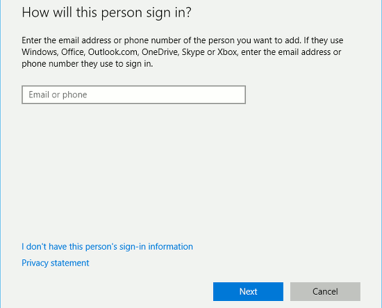 Add a new user account in Windows 10
