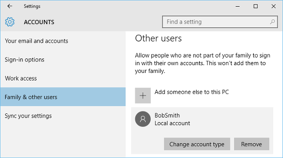 Add a new user account in Windows 10