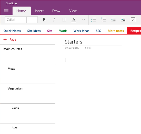 Make pages subpages in Microsoft OneNote