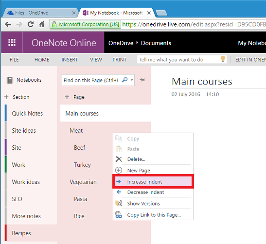 Microsoft OneNote on the OneDrive website