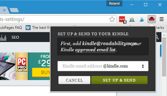 The Readability extension for Chrome sends pages to Kindle