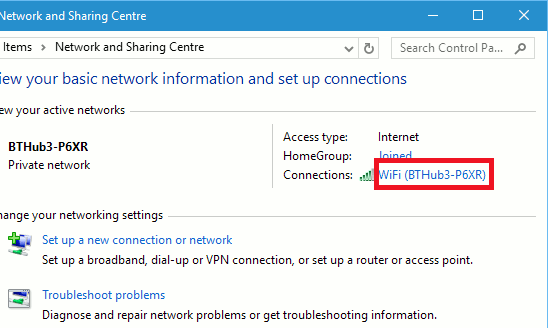 Windows Network and Sharing Centre properties