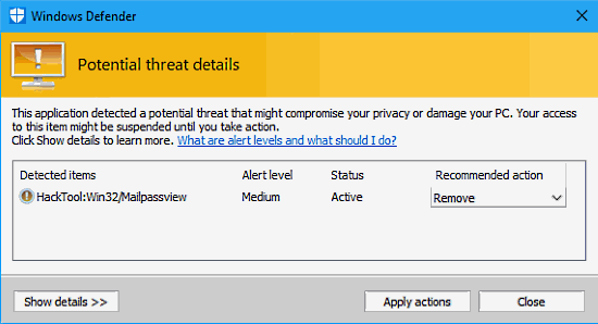 Windows Defender detects malware