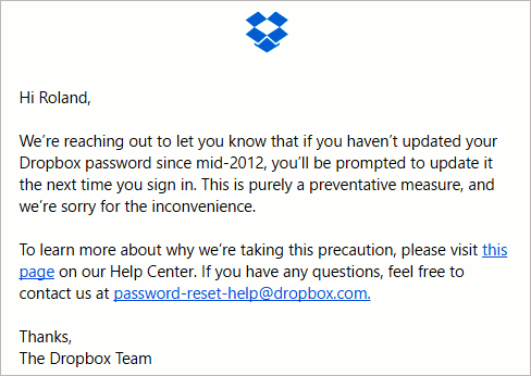 Dropbox password reset email