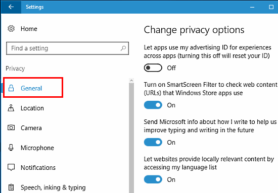 Windows 10 general privacy settings