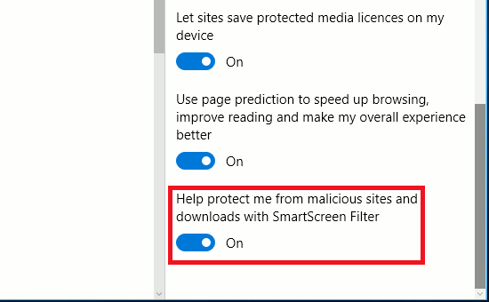 Turn on SmartScreen in Edge browser in Windows 10