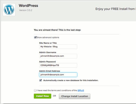 Fill in this form to configure the WordPress installation