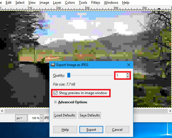 Set the JPEG quality and compression in GIMP