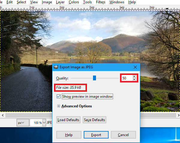 Set the JPEG quality in GIMP