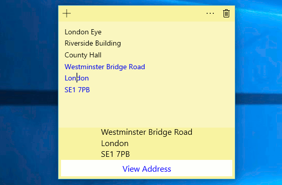 Enter an address into Windows Sticky Notes and it is recognised