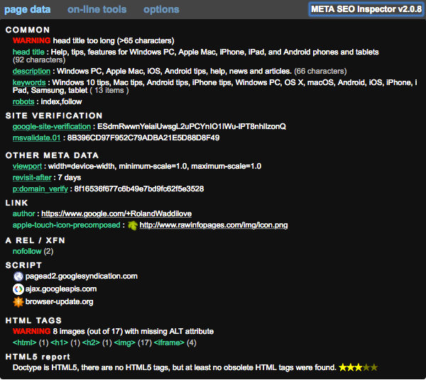 Meta SEO inspector extension for Google Chrome