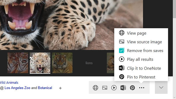The actions when viewing saved items at the Bing search engine