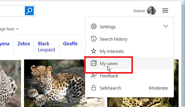 The menu options when you are signed into Bing