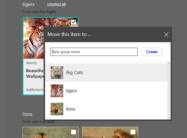 Move saved items to other collections or groups at Bing