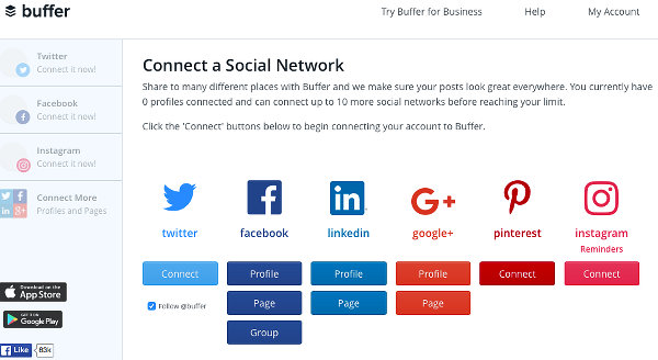 Connect to a social media account at Buffer