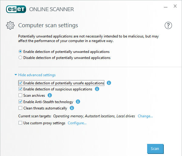 ESET Online Scanner scans the PC for malware and removes it