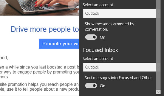 Windows 10 Mail app focused inbox