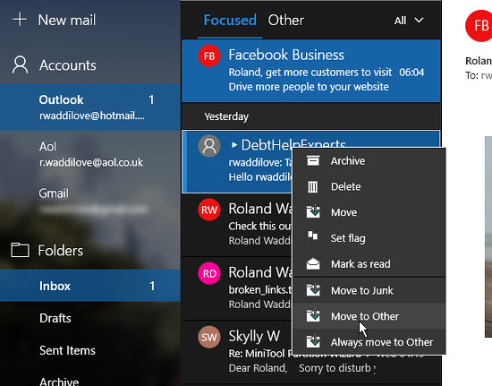 Windows 10 Mail app focused inbox