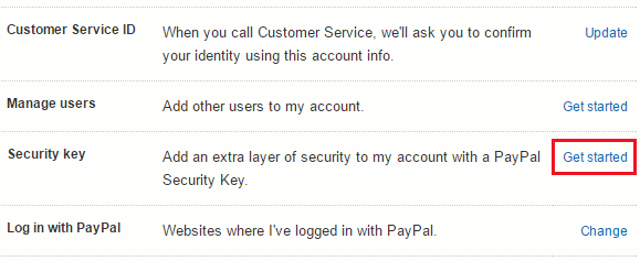 PayPal account options, including security keys