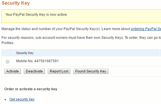 PayPal security keys at the PayPal website