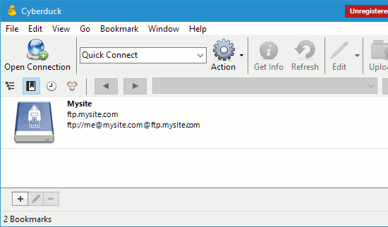 Sites listing in Cyberduck FTP