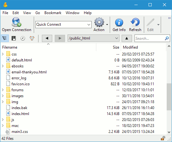 Access the files on the web server using Cyberduck FTP