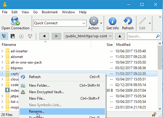 Delete or rename WordPress plugins using FTP to disable them