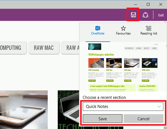 Save a web page from Edge browser as a note in OneOne