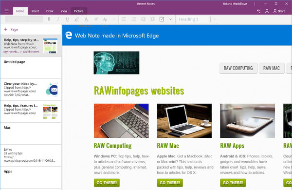 A web page saved in Microsoft OneNote from Edge browser in Windows 10
