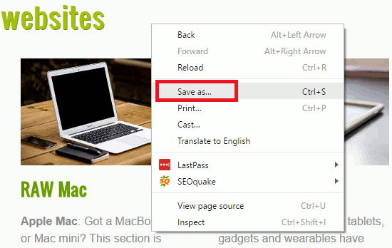 Right empty space on a web page in Chrome to save it to disk