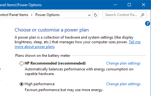 Power plans in the Windows Control Panel Power Options